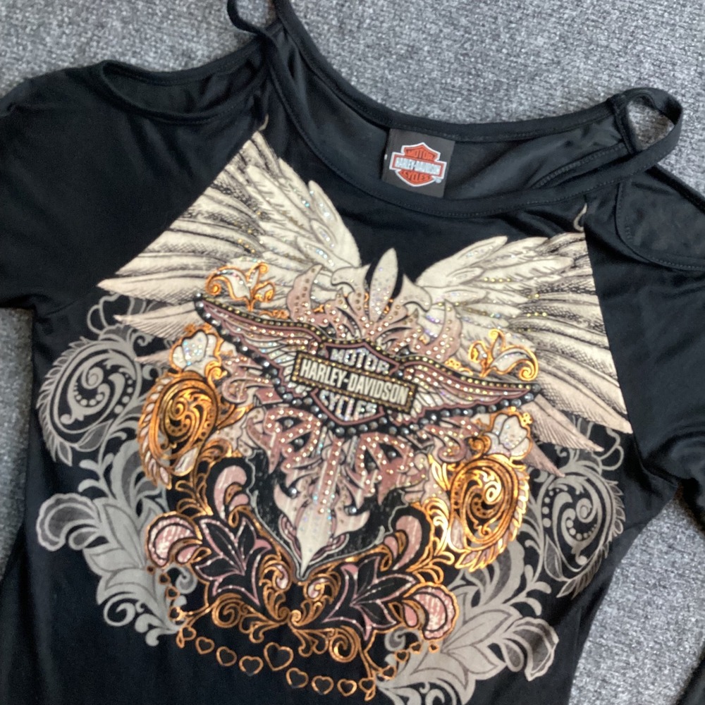 Harley-Davidson Womens sexy Black Cold Shoulder Open Back Graphic Top M 254